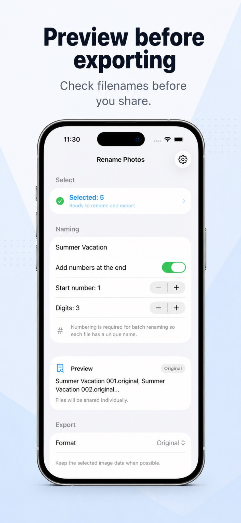 Rename Photos screenshot 3: Preview the rename workflow