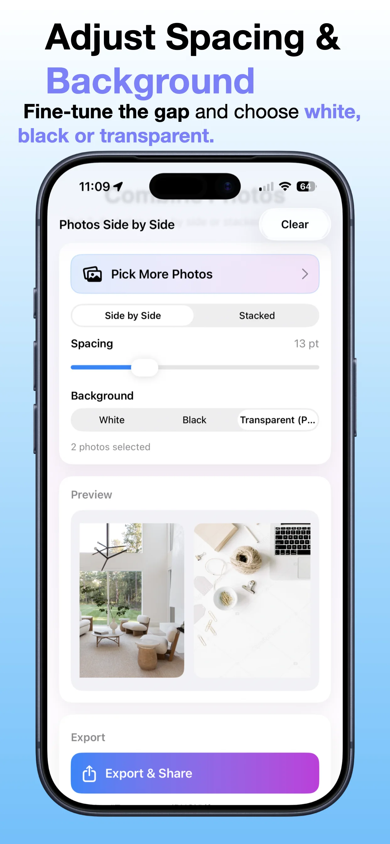 Combine Photos Side by Side screenshot: Pick a clean layout