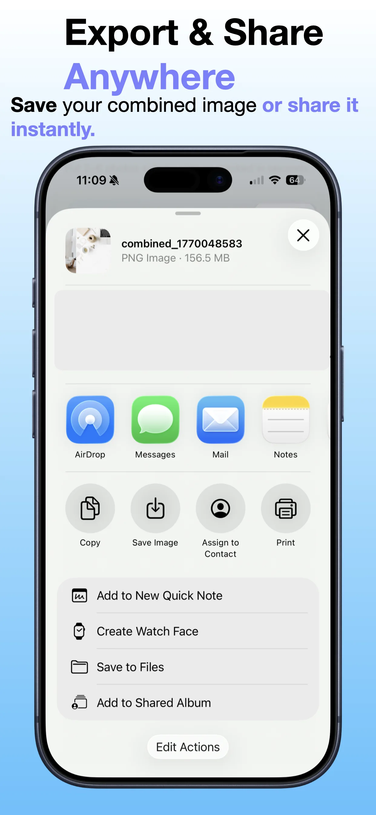 Combine Photos Side by Side screenshot: Save or share the result