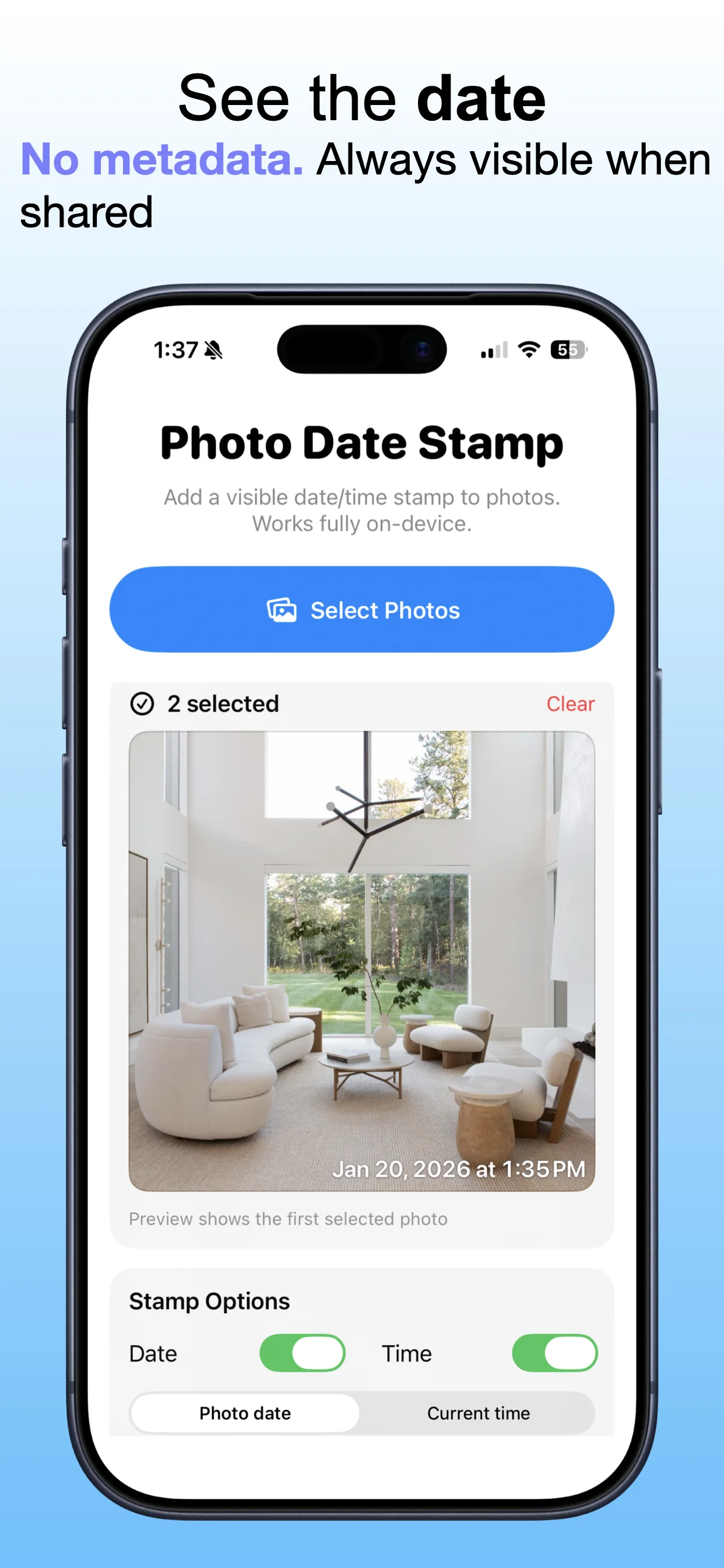Date Stamp Photos screenshot: Add a clear date stamp