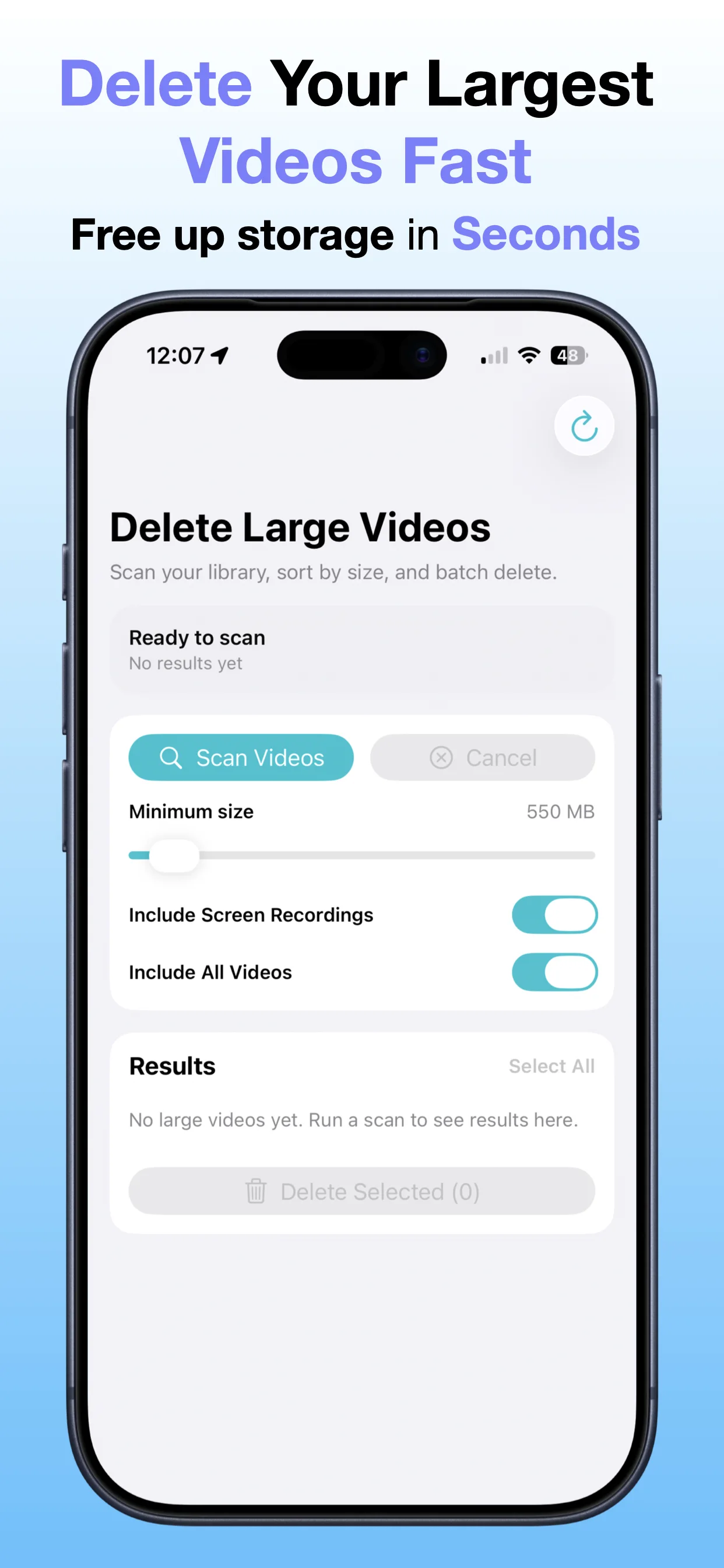 Delete Large Videos Fast screenshot: Review video size