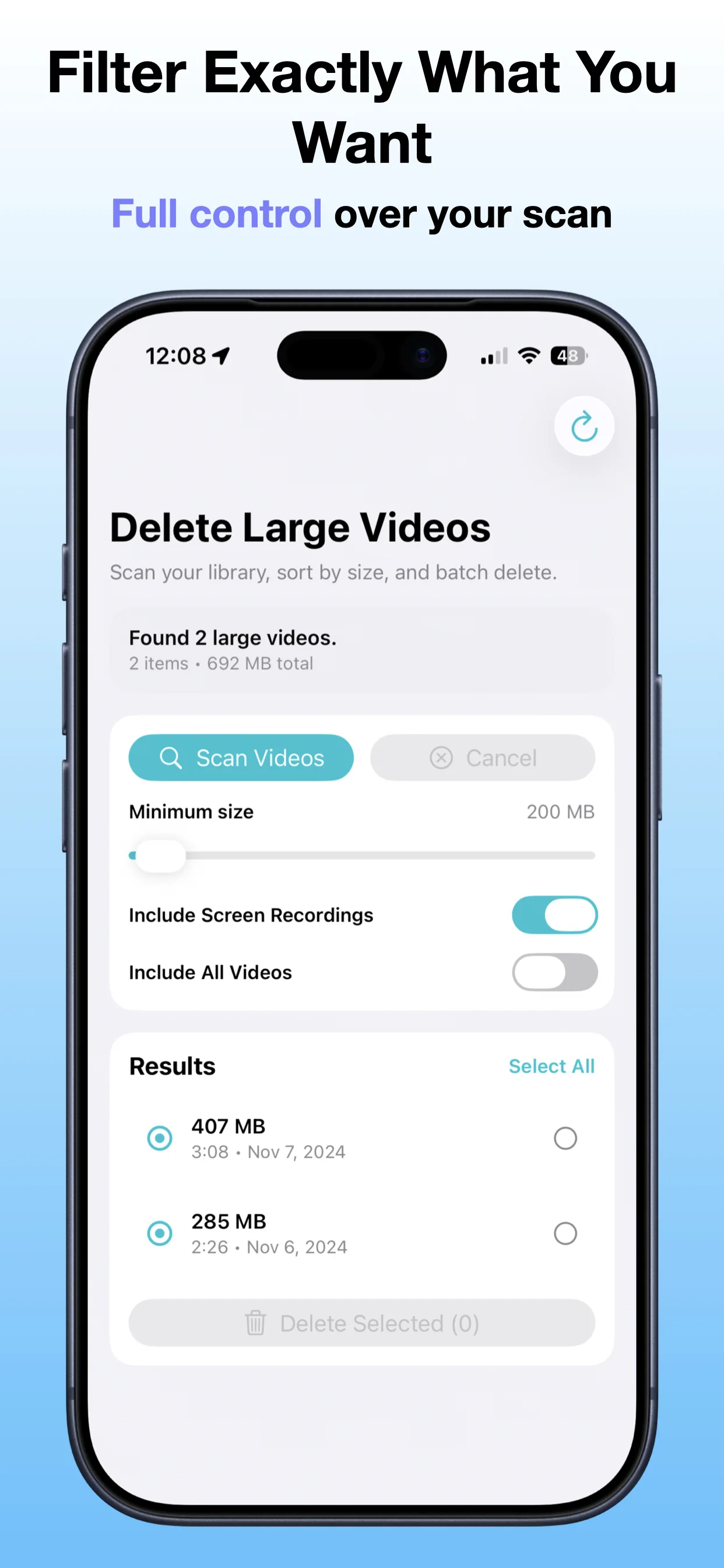 Delete Large Videos Fast screenshot: Select videos to remove