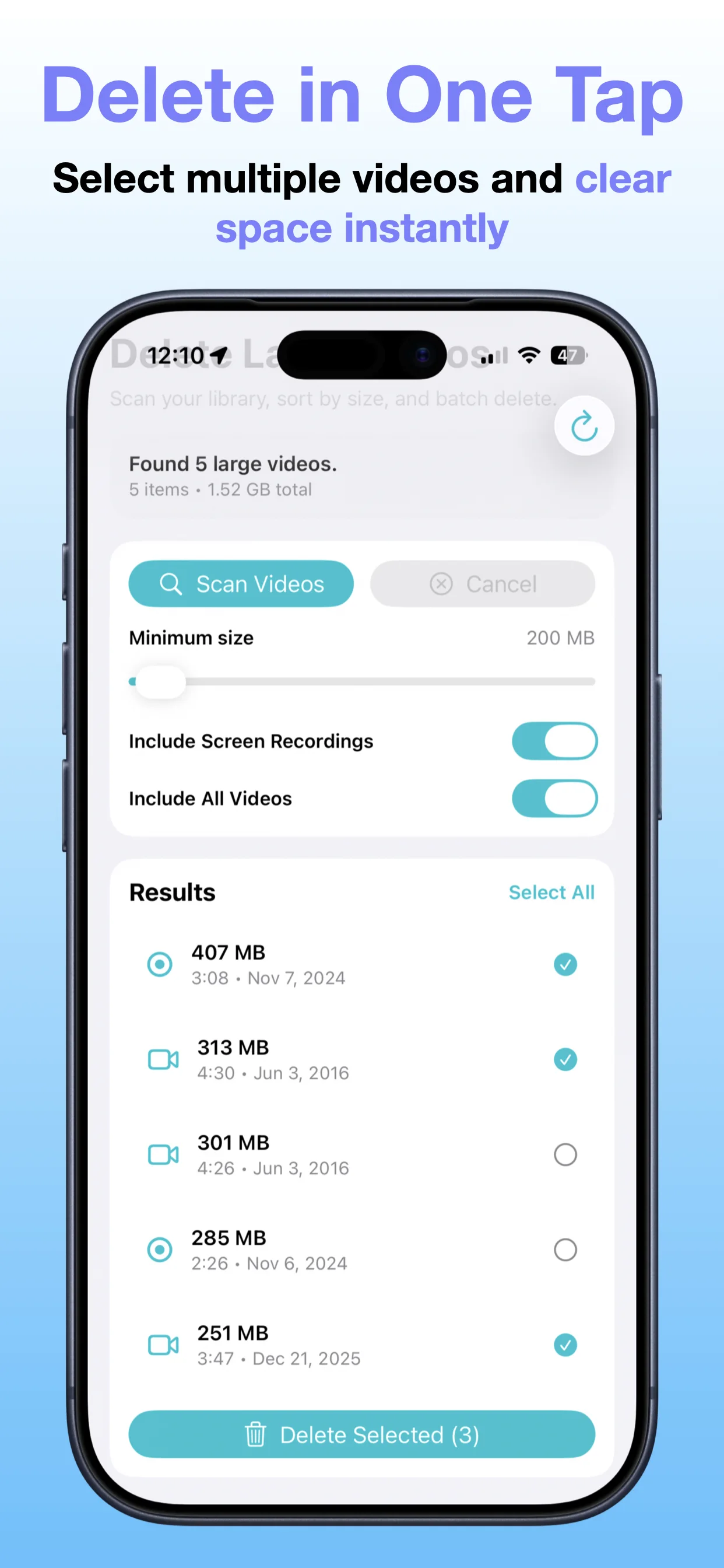 Delete Large Videos Fast screenshot: Keep media storage manageable