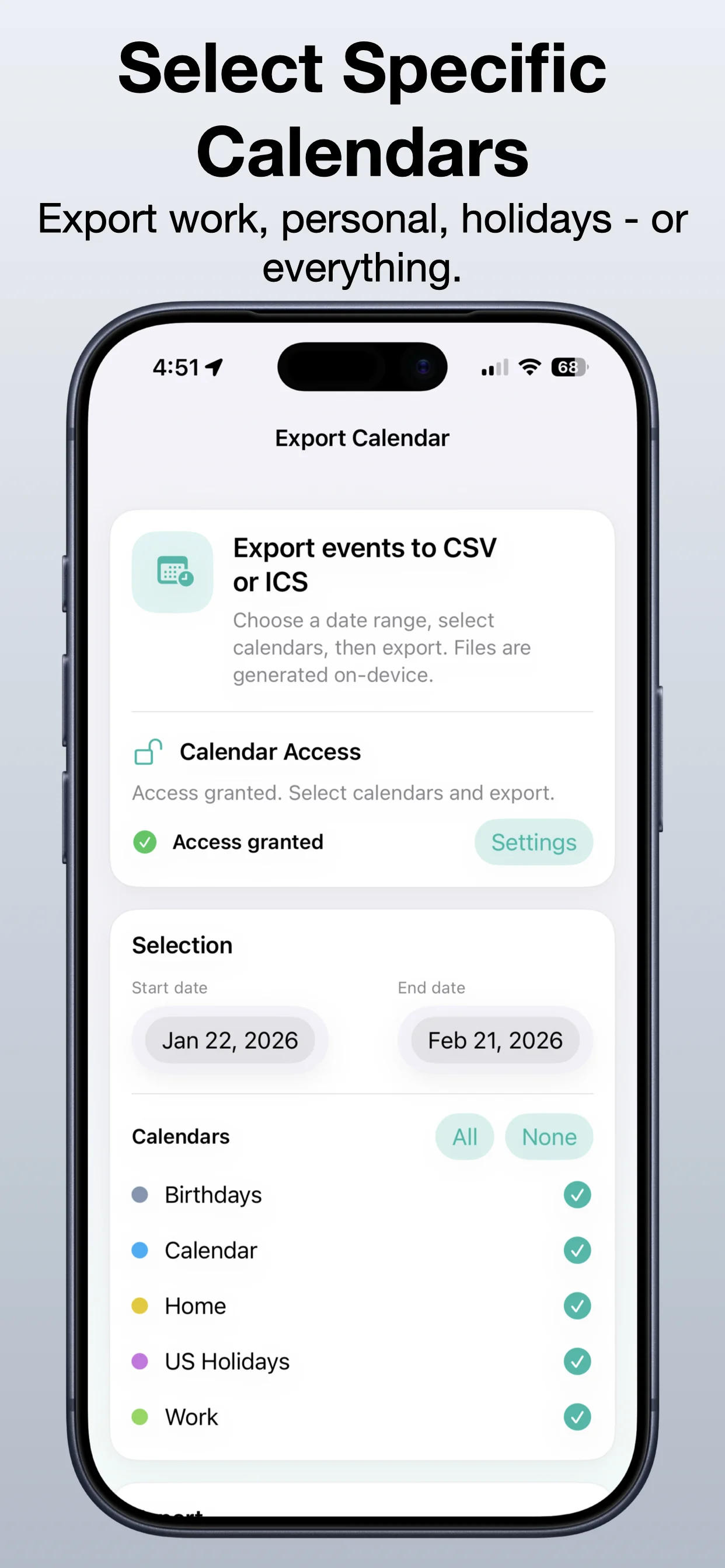 Export Calendar screenshot 2: Select the calendars you need