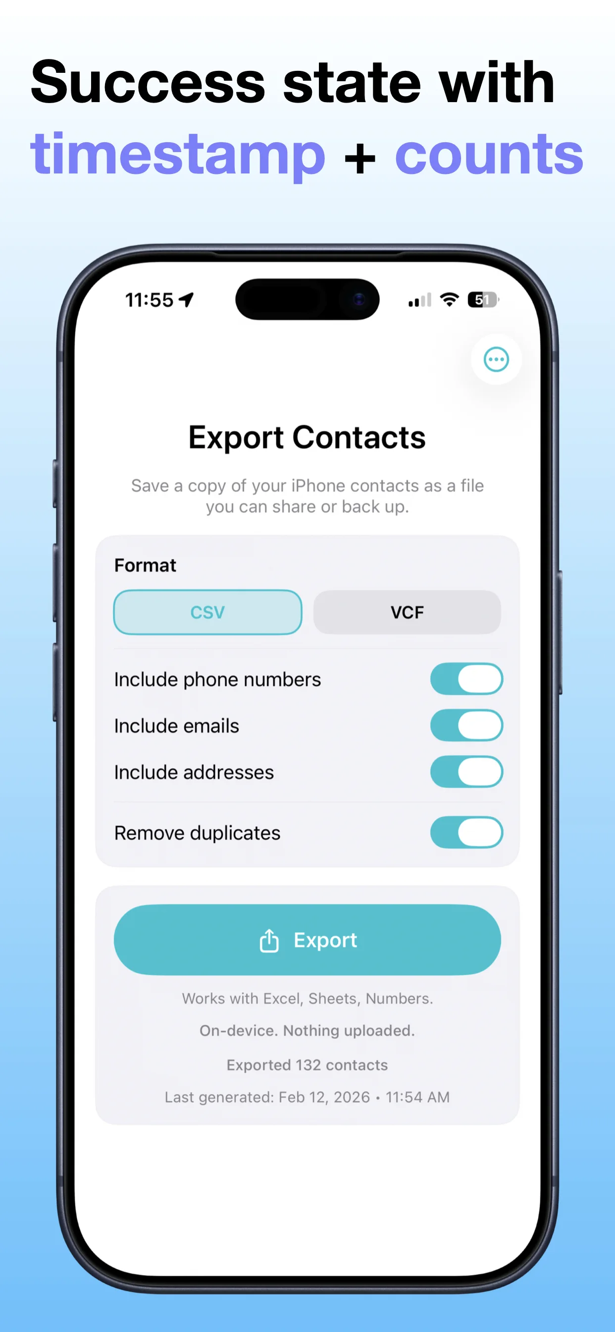 Export Contacts screenshot: Review contacts