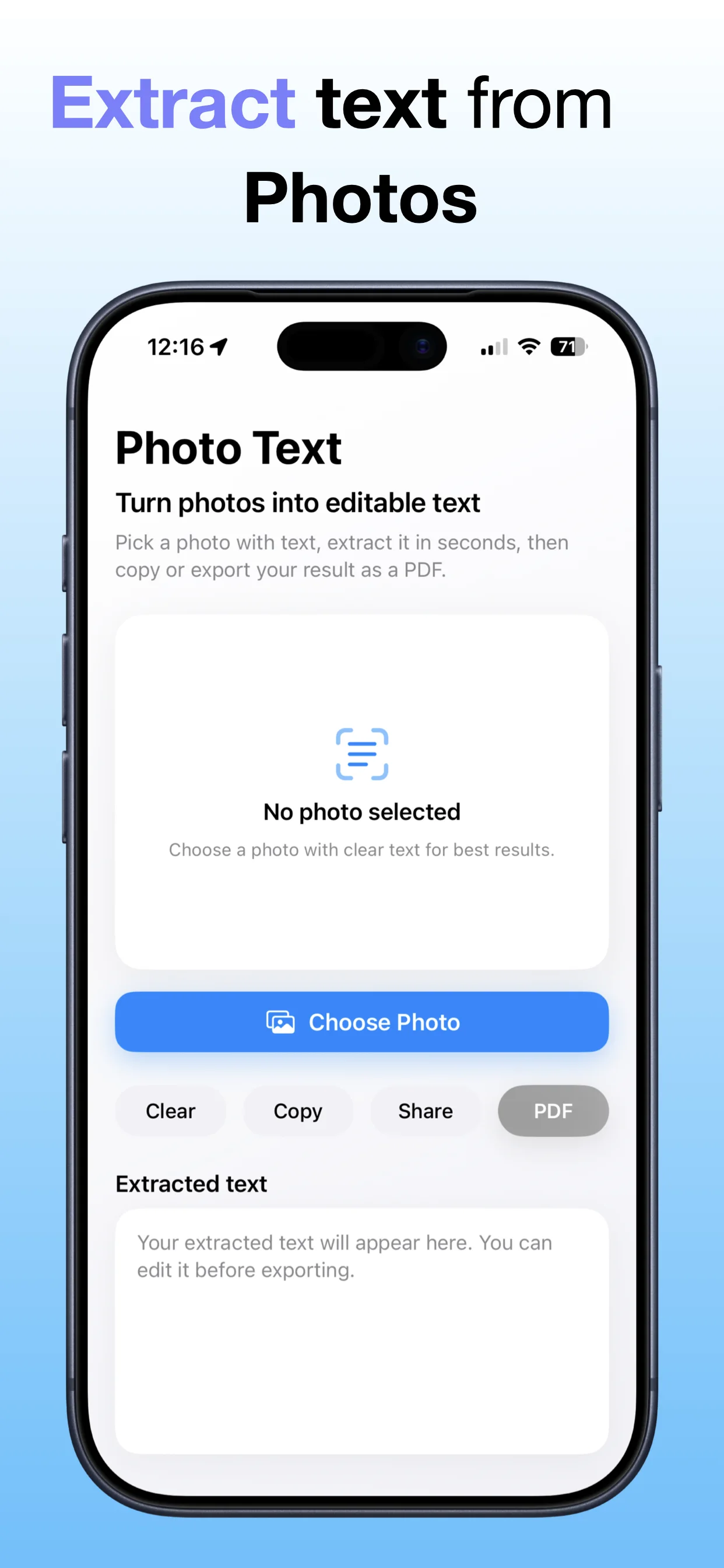 Photo To Text PDF screenshot: Create a text PDF