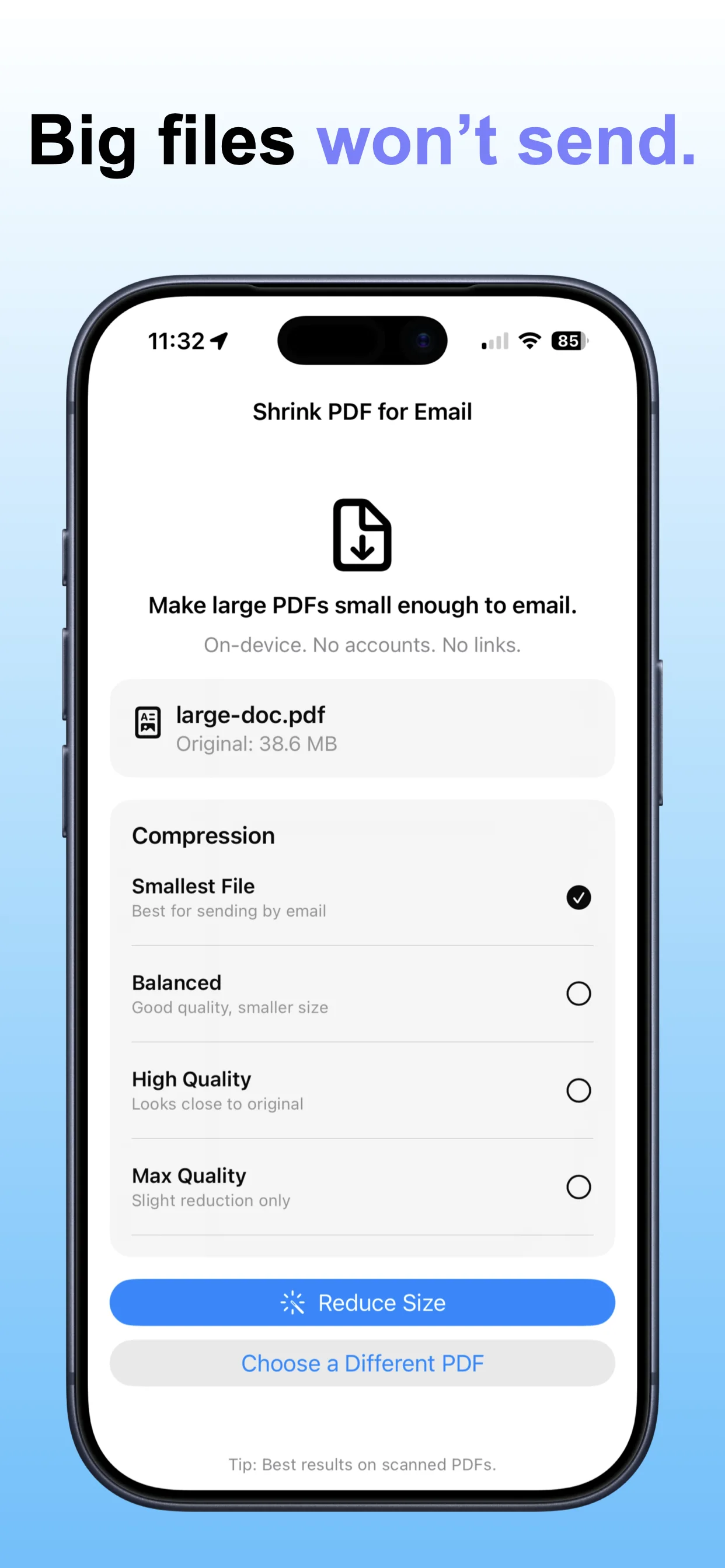 Shrink PDF Email screenshot: Compress the PDF