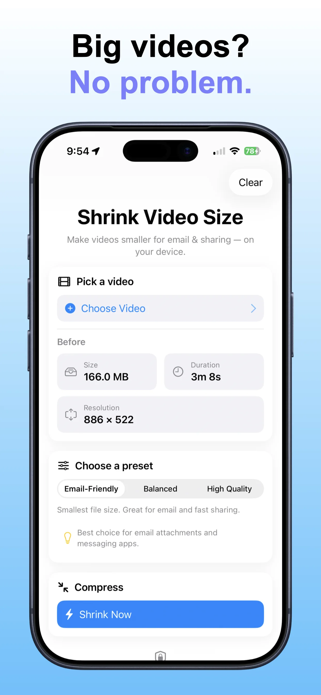 Shrink Video Size screenshot: Review compression options